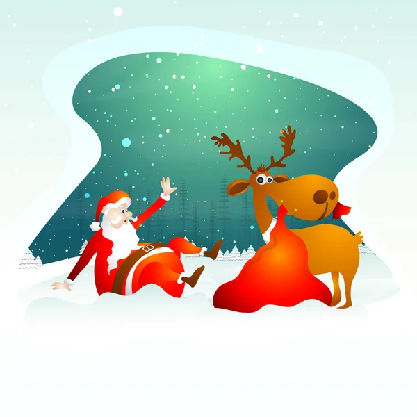 Christmas celebration with Santa and reindeer. — Stock Vector