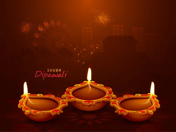 Illuminated Lit Lamp for Diwali Celebration. — Stock Vector
