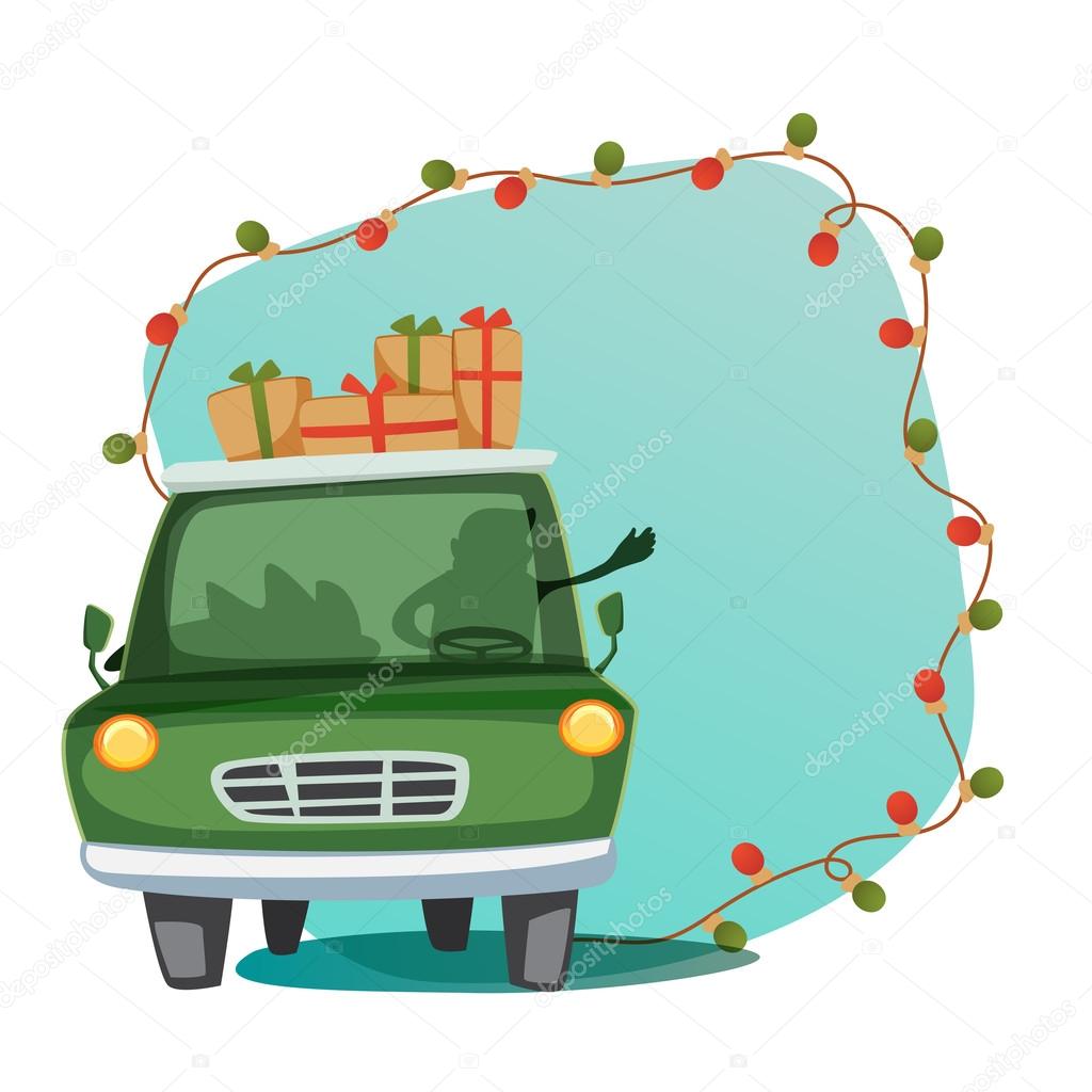 Festive background with green car full of gifts.