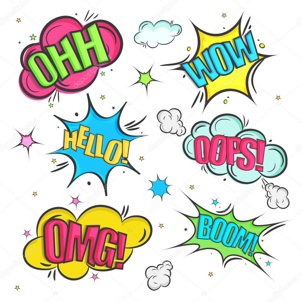 Creative comic speech bubbles set, Colorful comic sound effects in pop art explosion for different emotions, Vector illustration.