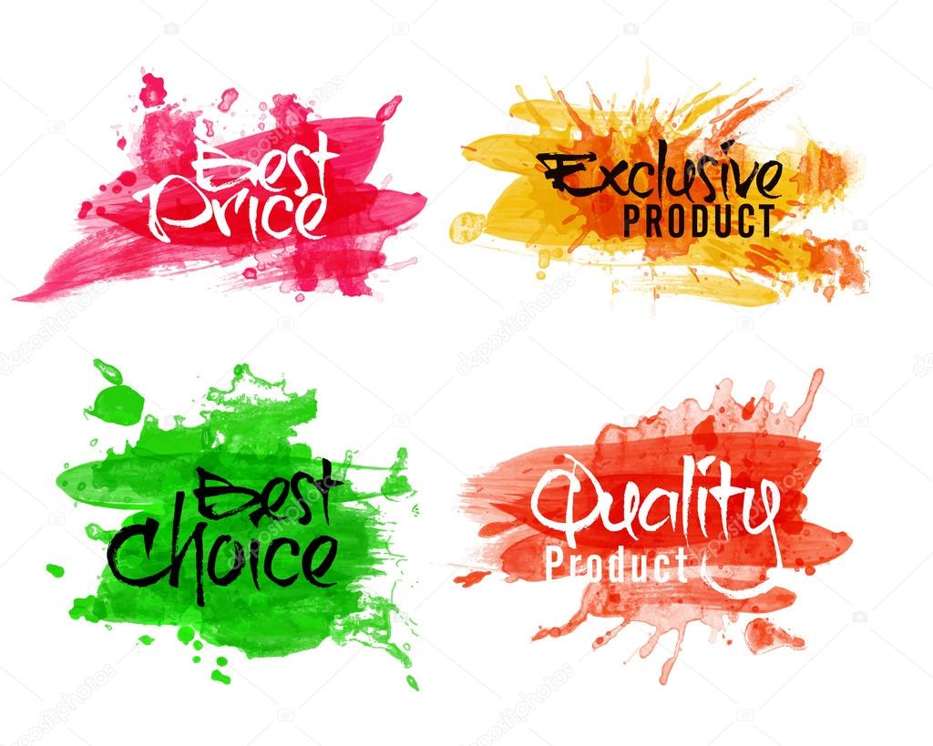 Sale and Discount Labels set, Best Price Offers Stickers, Exclusive Quality Product Tags or Badges collection, Creative handwritten lettering design on watercolor splash, Abstract vector illustration.