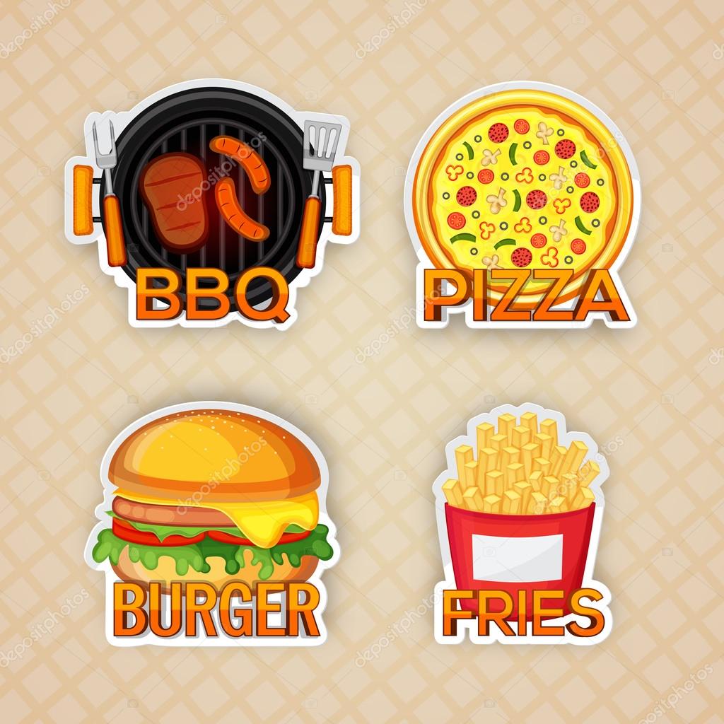 Set of four Sticker, Tag or Label design of Fast Foods, BBQ, Pizza, Burger and Fries typographic elements, Creative vector illustration.