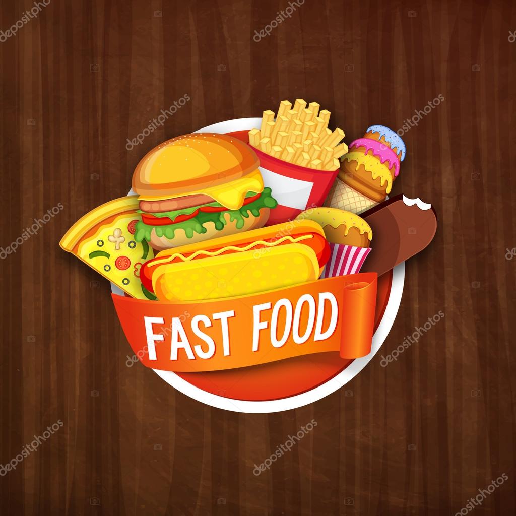 Creative Fast Food Sticker with glossy ribbon, Illustration of different foods on wooden background, Can be used as Poster, Banner, Label, Sticky or Tag design, Vector illustration.