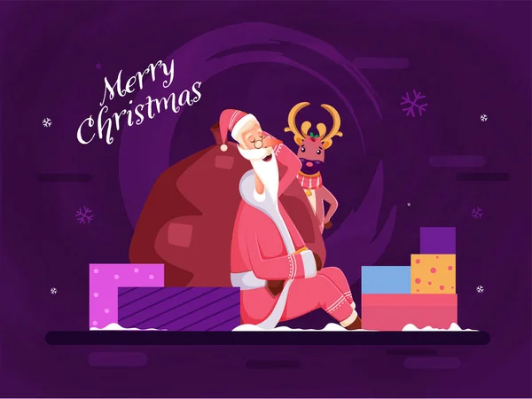 Merry Christmas Poster Design Illustration Santa Claus Sleeping Heavy Bag — Stock Vector