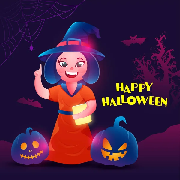Feliz Texto Halloween Con Alegre Libro Brujas Jack Lanterns Sobre — Archivo Imágenes Vectoriales