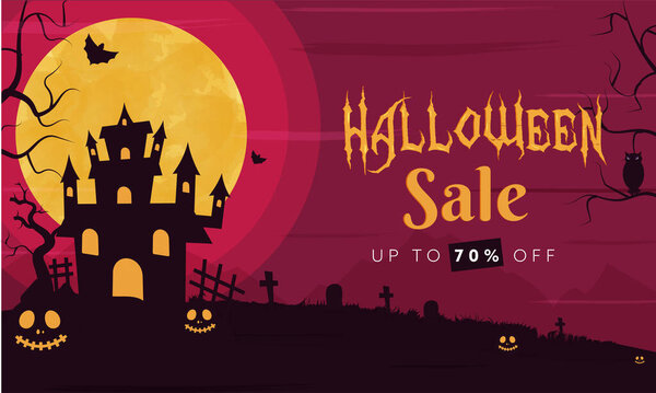 Up to 70% off for Halloween Sale Banner Design with Haunted House and Full Moon Graveyard View.