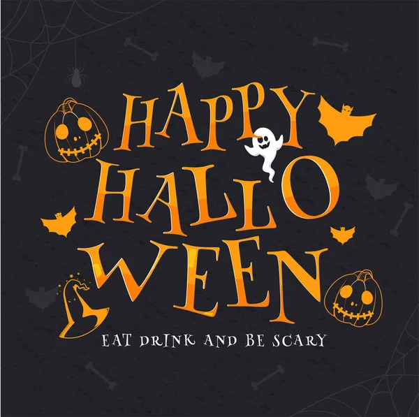 Naranja Feliz Halloween Texto Con Dibujos Animados Fantasma Sombrero Bruja — Vector de stock