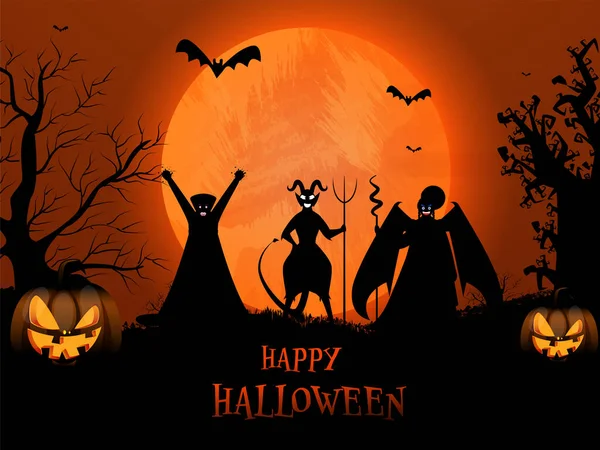 Happy Halloween Text Mit Cartoon Hexe Teufel Vampir Und Jack — Stockvektor