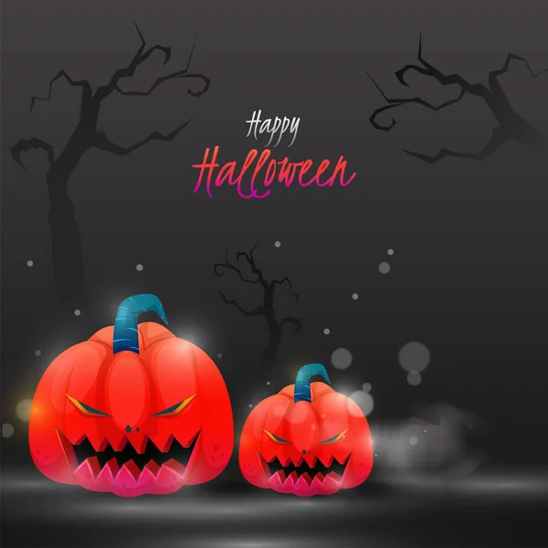 Projeto Cartaz Halloween Feliz Com Jack Lanternas Árvores Nuas Efeito — Vetor de Stock