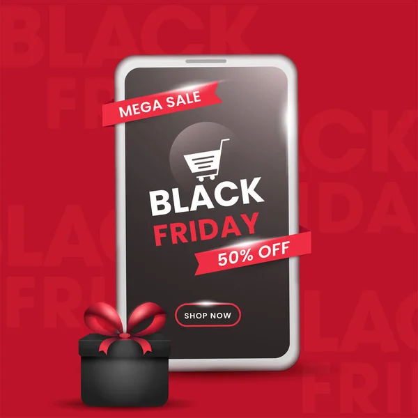 Black Friday Mega Sale Poster Design Discount Offer Realistic Gift — Stock Vector