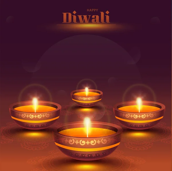 Happy Diwali Celebration Concept Illuminated Oil Lamps Diya Brown Purple — Stock Vector