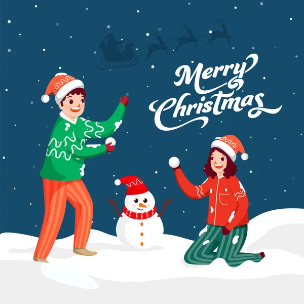 Merry Christmas Font Cheerful Kids Holding Snowball Cartoon Snowman Snow — Stock Vector