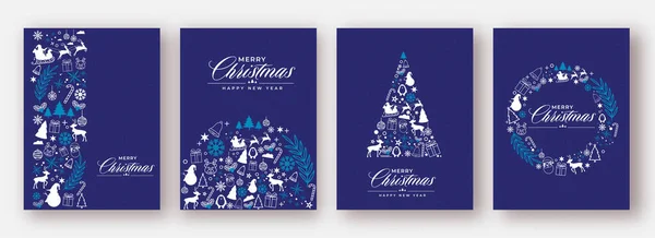 Поздравление Рождеством Новым Годом Открытки Шаблон Дизайн Набор Синий Цвет — стоковый вектор