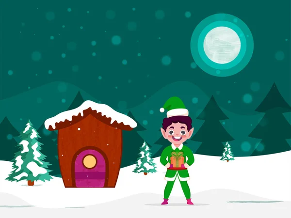 Fröhliche Elf Charakter Hält Eine Geschenkbox Mit Schneebedecktem Haus Auf — Stockvektor