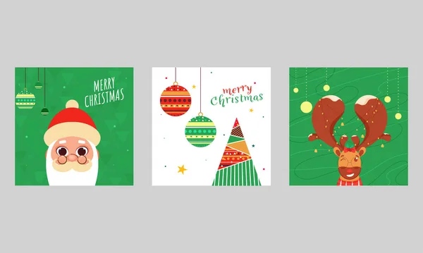 かわいいサンタの顔 クリスマスツリー 漫画トナカイのウィンクとハンギングバベツが飾られた背景を持つメリークリスマスポスターデザインセット — ストックベクタ