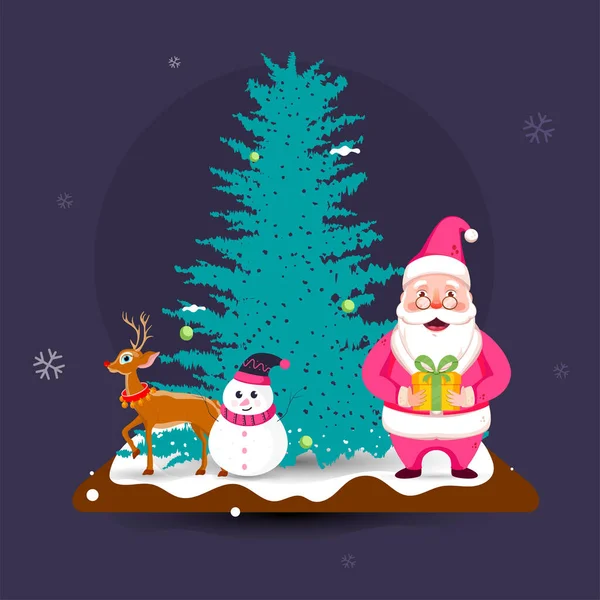 トナカイ クリスマスツリーとギフトボックスを持つ漫画サンタクロースは 祝うためにバイオレットの背景に — ストックベクタ