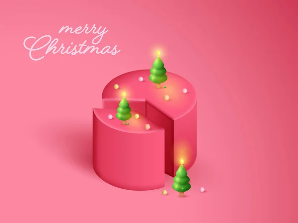 Illuminated Xmas Tree Shape Candles Cake Cut Pink Background Merry — Stock Vector