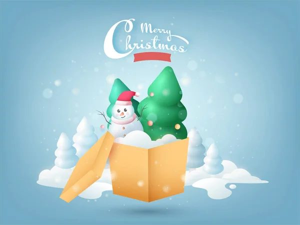 雪の上のギフトボックスと3Dクリスマスツリーの中に漫画雪だるまとメリークリスマスフォント青の背景 — ストックベクタ