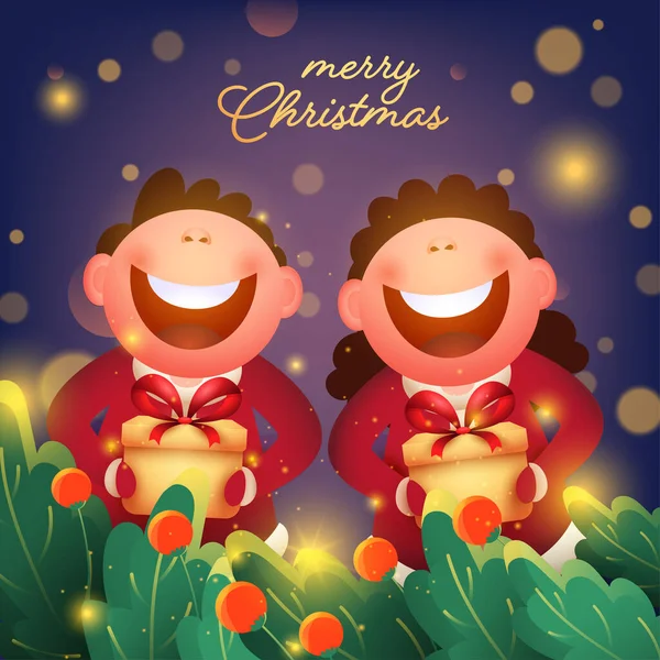 持绿叶红莓礼品盒的快乐孩子们在蓝色酒壶的背景下欢度圣诞 — 图库矢量图片
