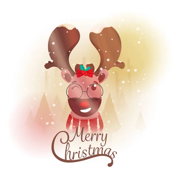 Merry Christmas Font Cartoon Reindeer Winking Snowfall White Background — Stock Vector