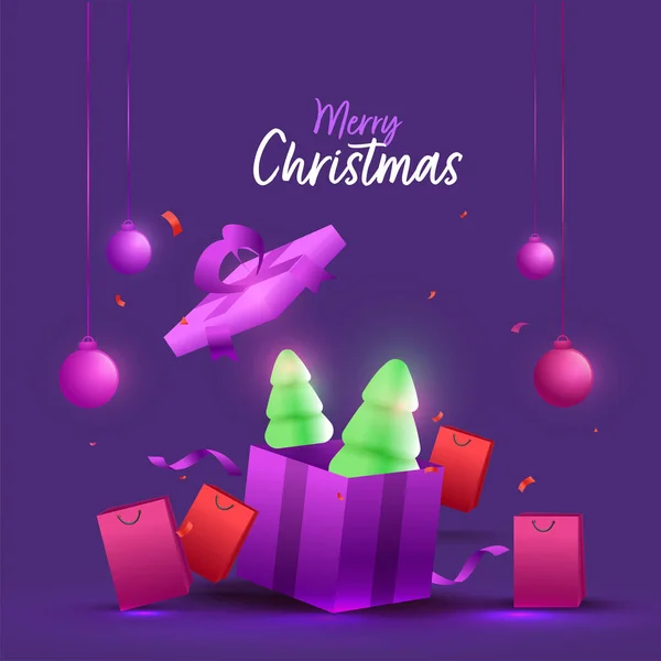 ショッピングバッグとハンギングバブルとギフトボックス内の3D雪のクリスマスツリーは紫の背景にメリークリスマスお祝い — ストックベクタ