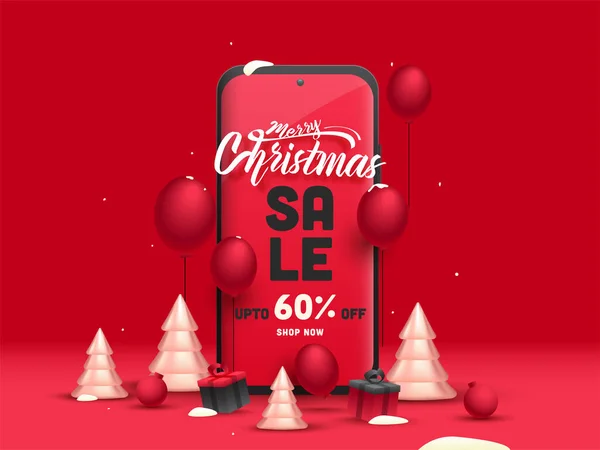 快乐圣诞招贴画 红色背景下有60 折扣优惠 3D圣诞树 智能手机 — 图库矢量图片