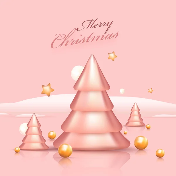 Glossy Xmas Trees Golden Stars Pearls Snow Pastel Pink Background — Stock Vector