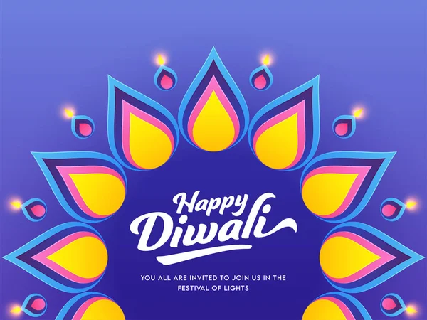 Happy Diwali Písmo Rangoli Zdobené Lit Oil Lampy Diya Modrém — Stockový vektor