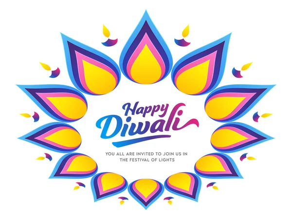 Glückliche Diwali Schrift Auf Rangoli Oder Blumenmuster Verziert Mit Lit — Stockvektor