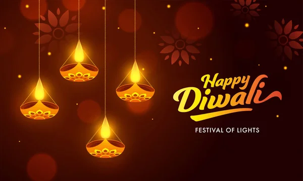 Happy Diwali Celebration Banner Дизайн Декорований Hanging Lit Oil Lamps — стоковий вектор