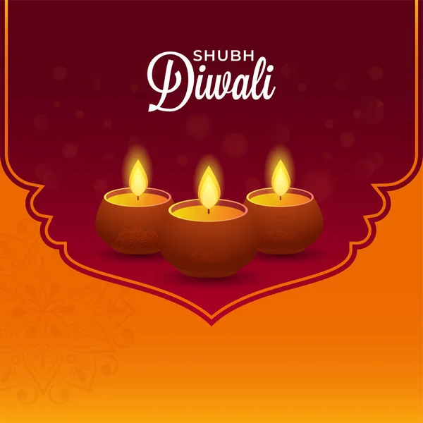 Shubh Diwali Font Lit Oil Lamps Diya Maroon Orange Háttér — Stock Vector