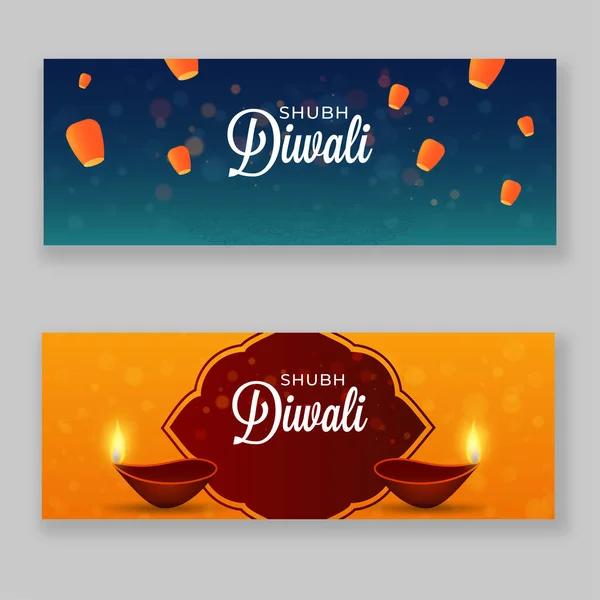 Shubh Diwali Cabeçalho Banner Design Com Lit Lâmpadas Óleo Diya — Vetor de Stock