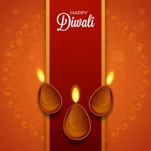 Happy Diwali Font Top View Lit Oil Lamps Diya Donkerrode — Stockvector