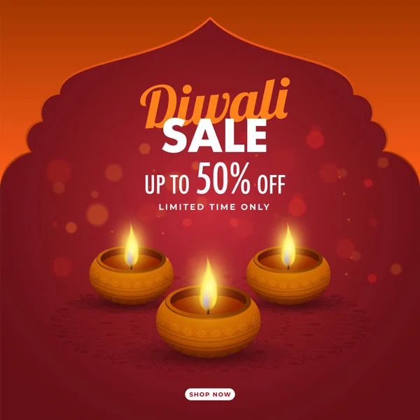 Diwali Sale Poster Design Έκπτωση Προσφορά Lit Oil Lamps Diya — Διανυσματικό Αρχείο