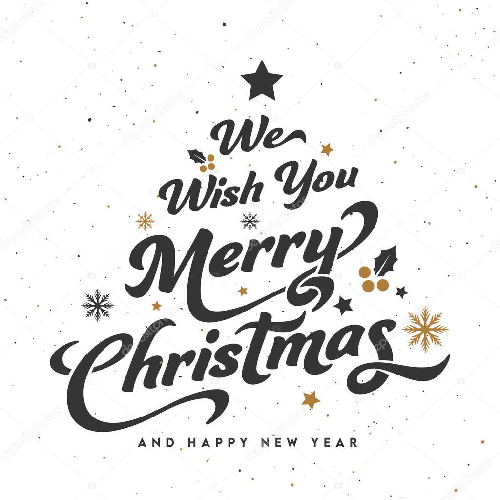 We Wish You Merry Christmas And Happy New Year Font On White Background.