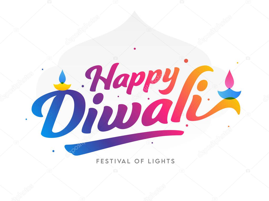 Gradient Happy Diwali Font with Oil Lamps (Diya) on White Background.