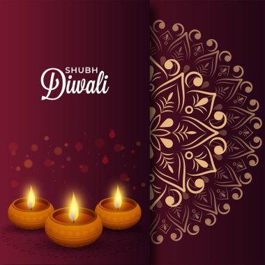Shubh (Mutlu) Diwali tebrik kartı Mandala desenli ve Lit yağı lambalı Koyu kestane rengi arka planda.