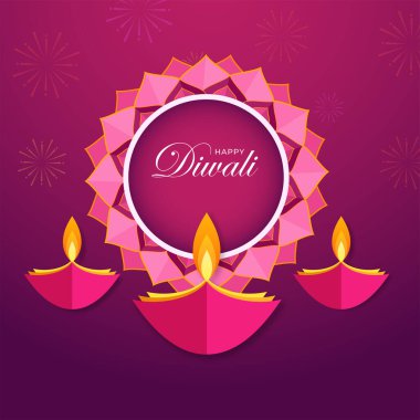 Yaratıcı Yağ Lambaları (Diya) Dekoratif Pembe ve Mor Arkaplanlı Mandala Çerçevesi Üzerine Mutlu Diwali Metinleri.