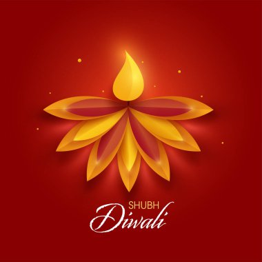 Shubh (Mutlu) Diwali Kutlaması için Kırmızı Arkaplanda Kağıt Kesiği Yağ Lambası (Diya).