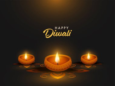 Siyah Arkaplan Üzerine Aydınlatılmış Yağ Lambaları (Diya) ile Mutlu Diwali Kutlama Posteri Tasarımı.
