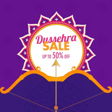 Dussehra için% 50 'ye varan indirimli Ok İllüstrasyonlu Poster Tasarımı.