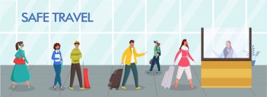 Yolcular Koronavirüs Salgınında Korunaklı Seyahat İçin Sosyal Mesafeyi Korumak İçin Maske Takıyor. Başlık veya Bayrak Tasarımı.