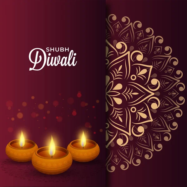 Shubh Happy Diwali Grußkarte Mit Mandala Muster Und Lit Öllampen — Stockvektor