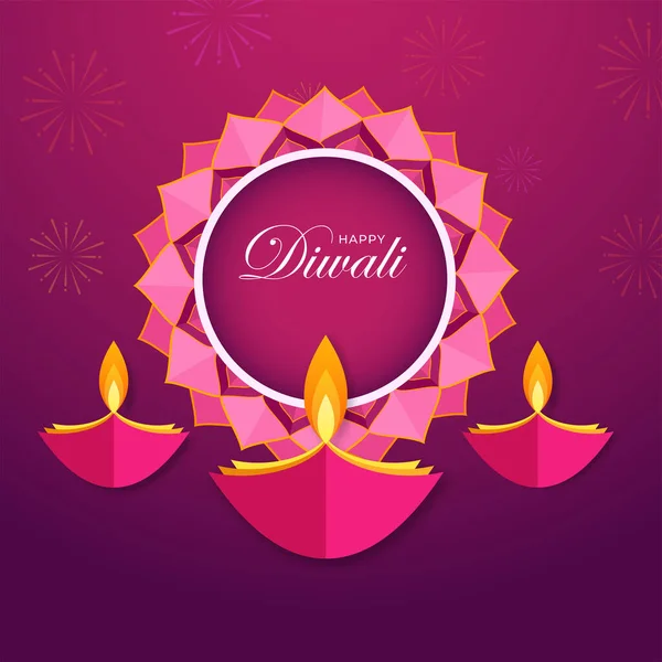 Happy Diwali Tekst Mandala Frame Met Creatieve Olielampen Diya Versierd — Stockvector