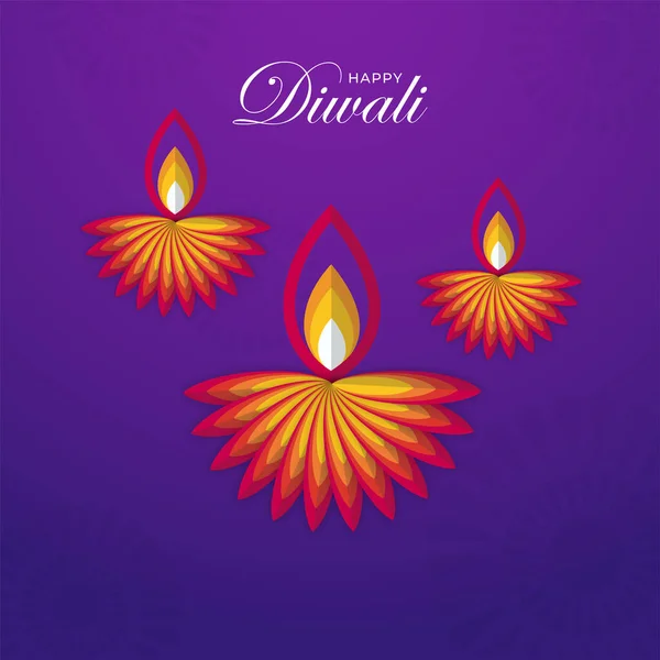 Happy Diwali Font Met Creatieve Papier Gesneden Olielampen Diya Paarse — Stockvector