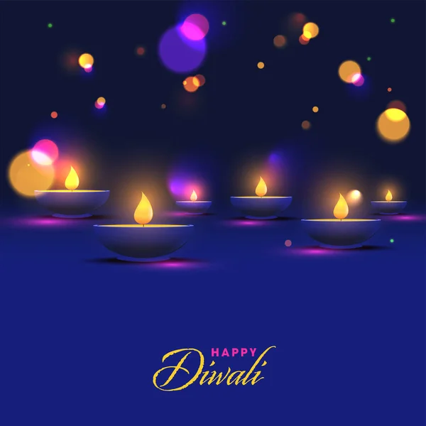 Happy Diwali Písmo Osvětlením Olejové Lampy Diya Zdobené Modrém Pozadí — Stockový vektor