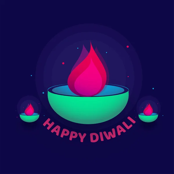 Happy Diwali Text Illuminated Oil Lamps Diya Blue Background — Stock Vector