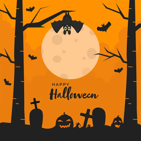 Feliz Halloween Con Jack Linternas Tumbas Murciélagos Voladores Árboles Desnudos — Archivo Imágenes Vectoriales
