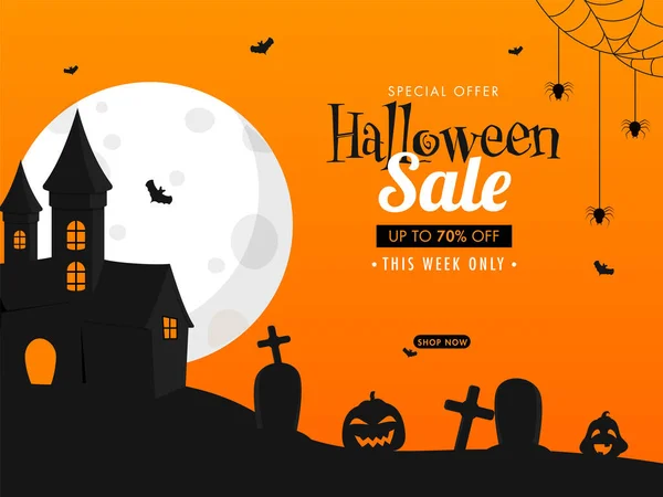 Halloween Sale Poster Design Discount Offer Castle Jack Lanterns Tombstones — Stock Vector