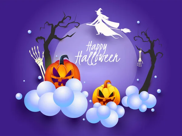 Feliz Fuente Halloween Con Bruja Silueta Volando Escoba Jack Lanterns — Archivo Imágenes Vectoriales